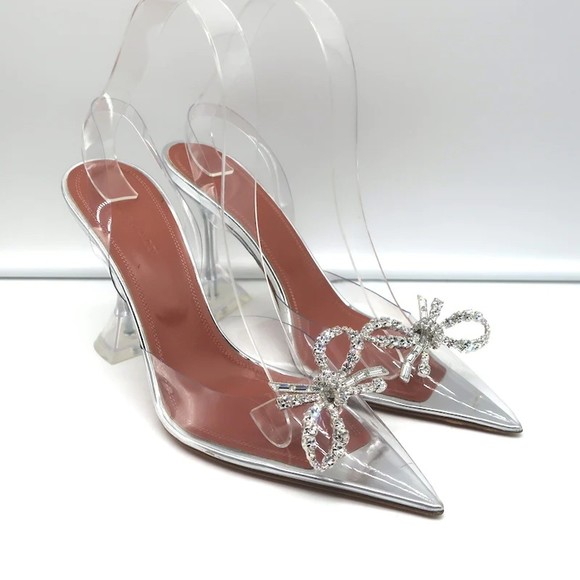 Amina Muaddi Rosie Glass Slingback Pumps Clear PVC Size 38.5 Crystal Bow Heels - Picture 2 of 12